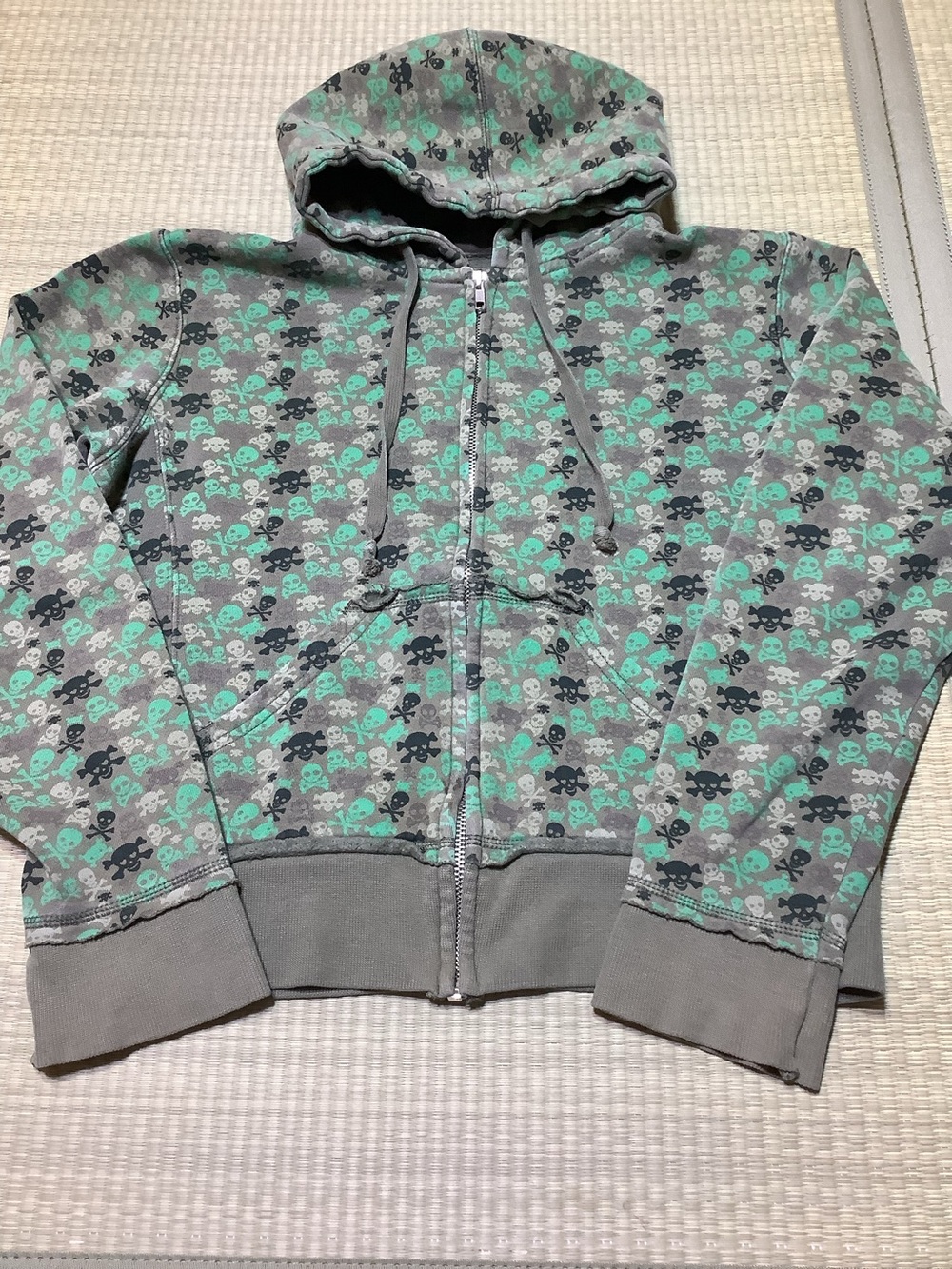 Loungefly Gray Zip-Up Hoodie with Teal & Black Skull Print
